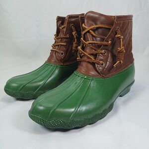 Steve Madden Duck Boots Women’s Size 8 Green Rubber Brown Leather Quilted Winter